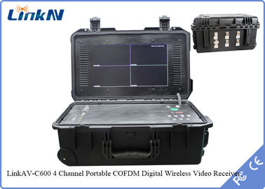 COFDM Βίντεο δέκτη βαλίτσας 4 καναλιών IP65 με μπαταρία και οθόνη AES256 H.264 DC 12V